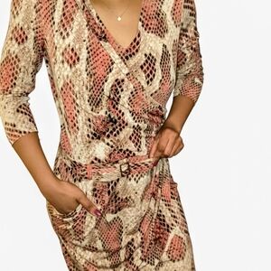 Jennifer Lopez Beige and Pink Snake-Print Midi Dress